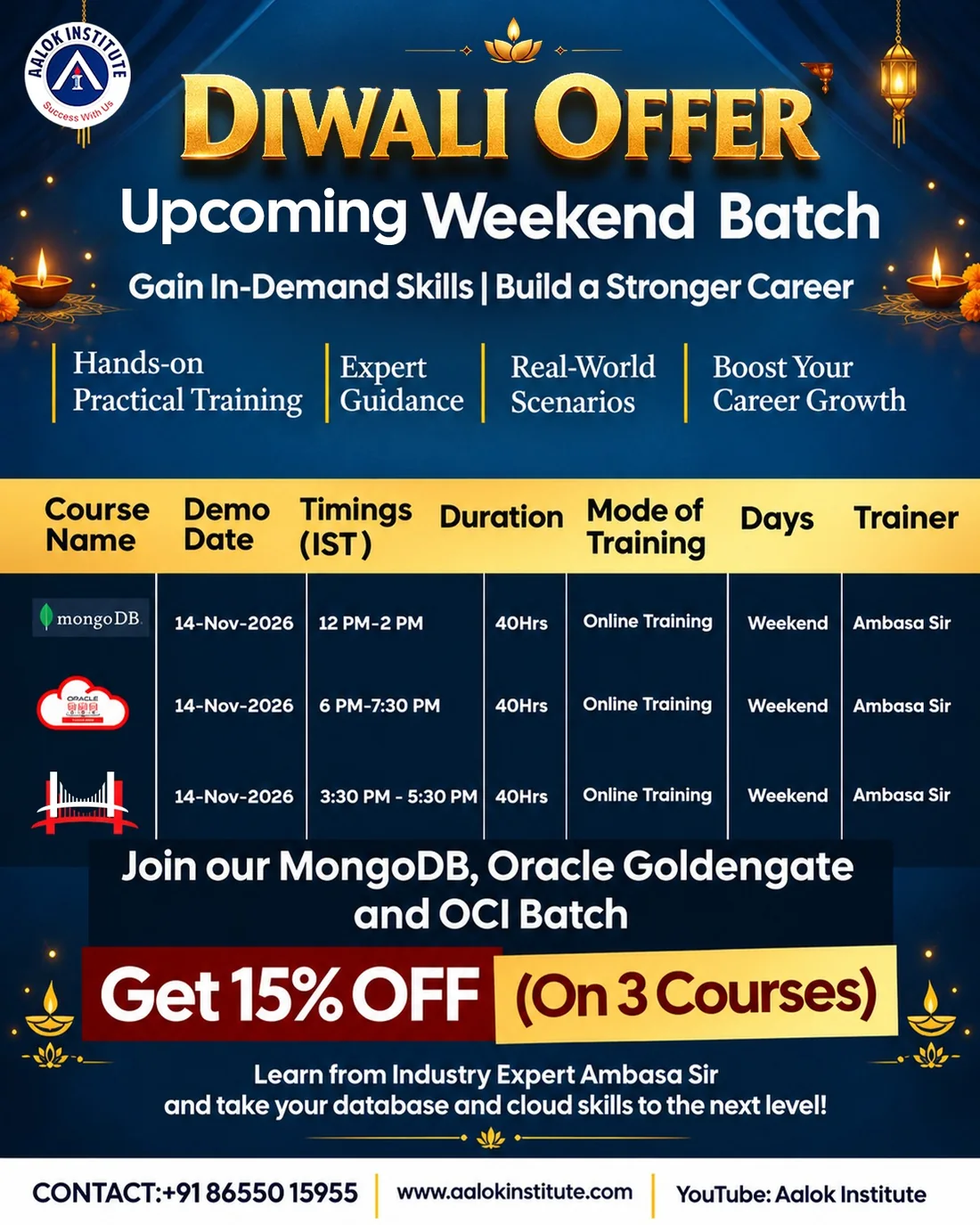 Aalok Institute Diwali Offer, 15% off on 3 courses, weekend batch from 14 Nov 2026